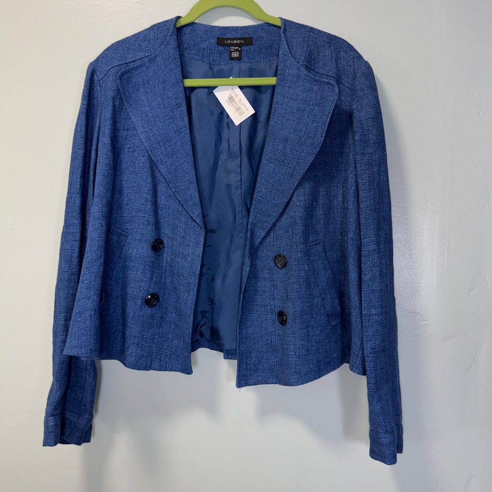 Louben Blue 100% Linen Cropped‎ Open Front Blazer Jacket Size 16 Made in Canada